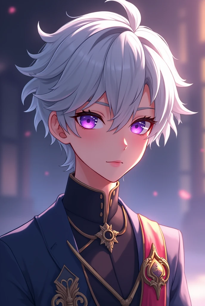 male, silver hair, purple eyes, emperor, drowsy eyes, soft and white skin, Noble appearance, 20&#39;s, bust, animated movie