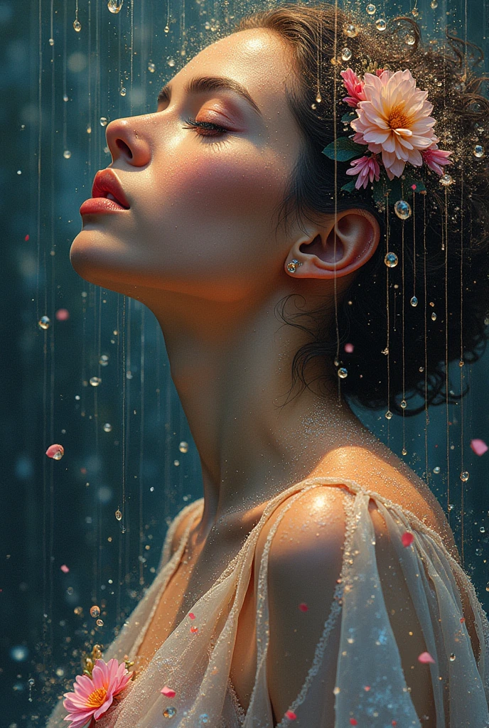 I am the rain that sees the most beautiful woman and touches her all over her body of different races giving her hope and faith and using only pastel colors , The message I want to give is that there is hope, we just have to look for it., very royal style, detailed 24k unique piece uses the triangles of composition details of his whole body details in his hands illumination of hope and nostalgia climate of colors of humility