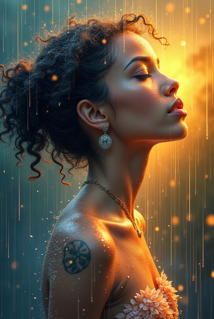 I am the rain that sees the most beautiful woman and touches her all over her body of different races giving her hope and faith and using only pastel colors , The message I want to give is that there is hope, we just have to look for it., very royal style, detailed 24k unique piece uses the triangles of composition details of his whole body details in his hands illumination of hope and nostalgia climate of colors of humility