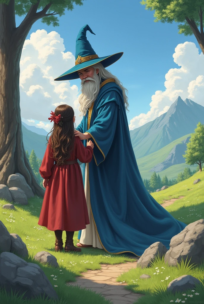 I would like you to make a wizard and a child demihuman in an isekai in a landscape without realism please 