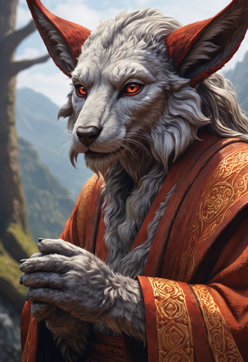 Anthropomorphic kitsune-satyr monk. Old, wrinkled ancient, wise face. wizened gray fur speckled red. long detailed fingers. Official Art – An Award-Winning Digital Masterpiece In 4K Ultra HD, Extreme Detail And Intricate Realism. Symmetrical Face. This Concept Art Brought To Life By The Hands Of Artists Like Wlop & Artgerm In A Stunning 2D Vector Illustration. Background Is A Panoramic Vista.