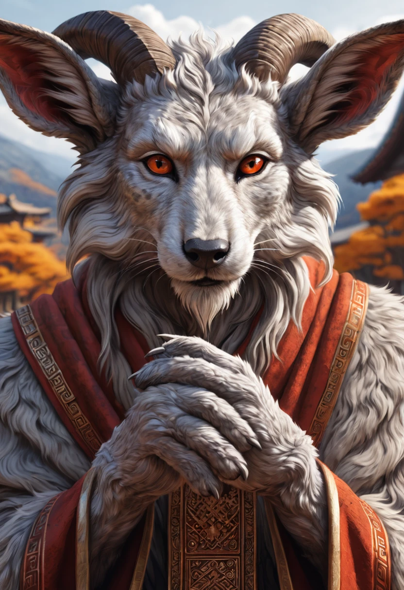 Anthropomorphic  kitsune-satyr monk. Old, wrinkled ancient, wise face. wizened gray fur speckled red. long detailed fingers. Official Art – An Award-Winning Digital Masterpiece In 4K Ultra HD, Extreme Detail And Intricate Realism. Symmetrical Face. This Concept Art Brought To Life By The Hands Of Artists Like Wlop & Artgerm In A Stunning 2D Vector Illustration.  Background Is A Panoramic Vista.
