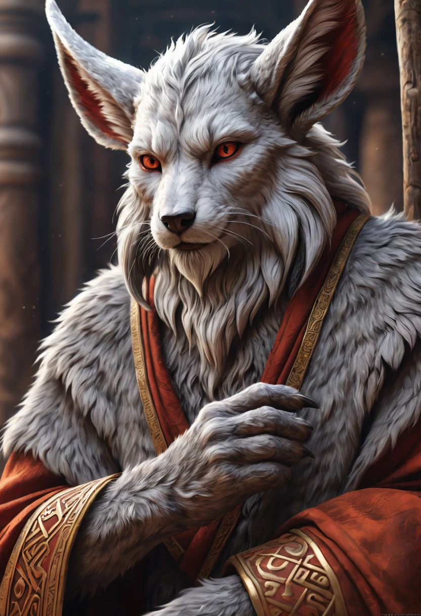 Anthropomorphic  kitsune-satyr monk. Old, wrinkled ancient, wise face. wizened gray fur speckled red. long detailed fingers. Official Art – An Award-Winning Digital Masterpiece In 4K Ultra HD, Extreme Detail And Intricate Realism. Symmetrical Face. This Concept Art Brought To Life By The Hands Of Artists Like Wlop & Artgerm In A Stunning 2D Vector Illustration.  Background Is A Panoramic Vista.
