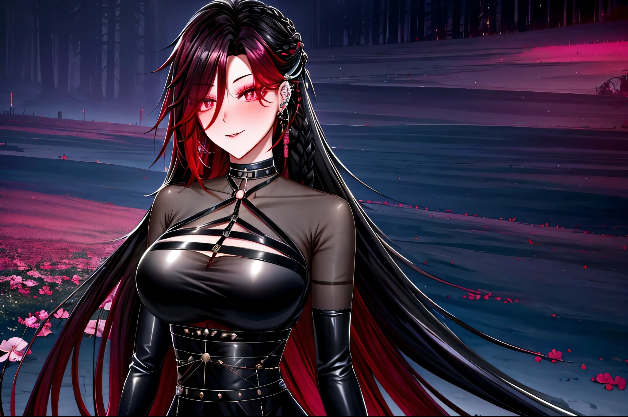 shoujo style, frosty style, (romantic manhwa), 1 girl, black cyclamen hair, solo, long braided hair, long braid, dress, red cyclamen eyes, mascara, makeup, elbow gloves, bra, jewelry, many ear piercings , viewer, collarbone, accessories, upper body, parted bangs, braided hair, side braid, black dress, bangs, outdoors, detailed eyes, dynamic cut, walking in a rose field at night, flowers, warm, summer environment, beach, evil smiles 