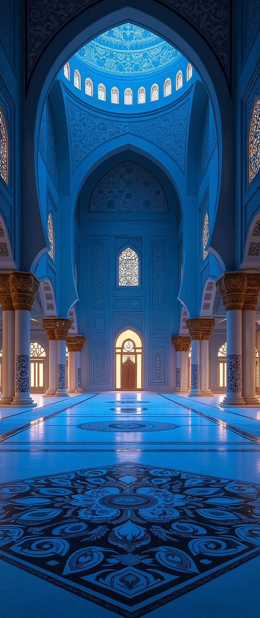 (masterpiece:1.2,Highest quality,Ultra-high resolution,Very detailed,Realistic,RAW Photos:1.2,Elaborate photos),(Beautiful mosque room),8k,wallpaper,(Ray Tracing),(Beautiful arabesque carpet),(A large dome with beautiful arabesque patterns),(A large mosque room with a blue theme),dynamic,night,Moonlight