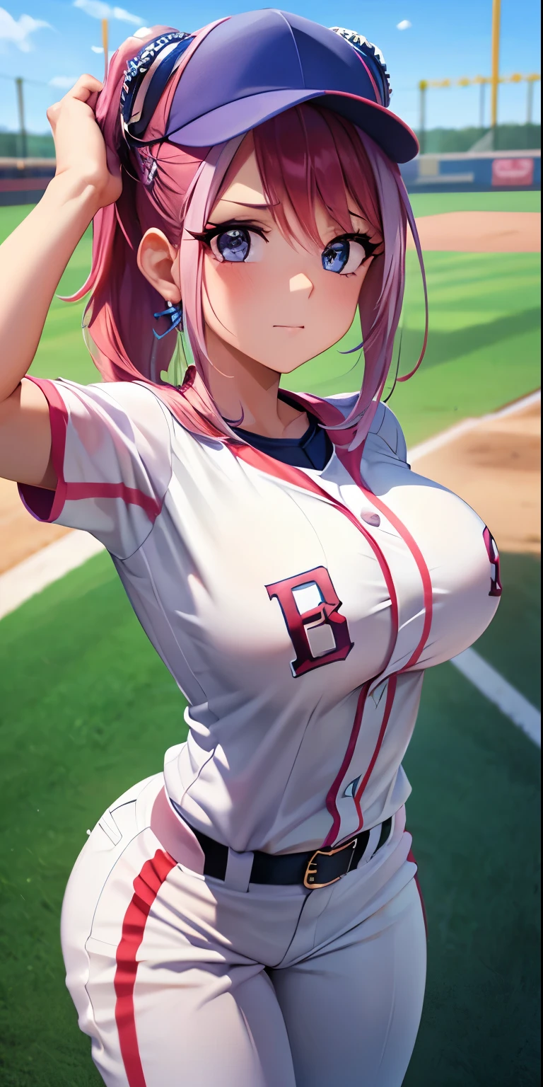 Beautiful girl ,busty girl, medium tits,hy1, hair ornament, multicolored hair, baseball player, baseball player costume,(pov,closed shot:1.2),8k, detailed face,cute face