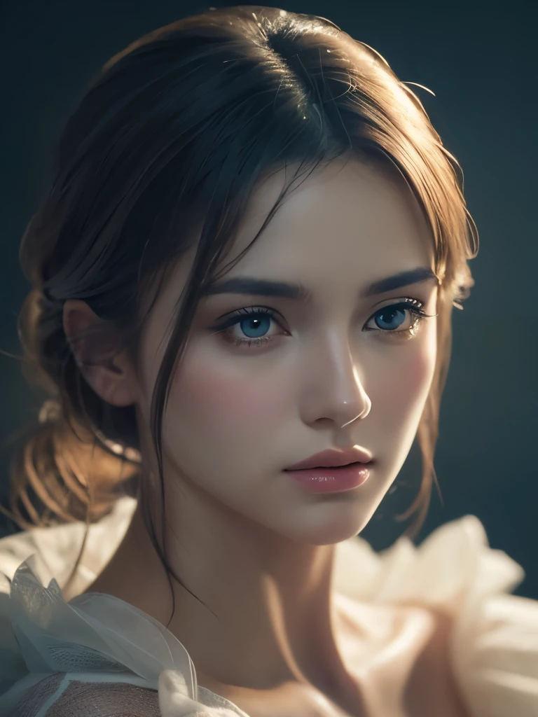 (((ultra realistic))) Photo, masterpiece, top quality, (pale skin), (Ultra detailed face and eyes:1.3), Indian 1 girl, in a beautiful black(goldon embroidery)dress, (Eye makeup, mascara) , (a close up portrait of a beautiful woman with long brown messy bun, curly hair), wearing a black dress, gorgeous detailed face, extremely beautiful delicate features, piercing eyes, luscious lips, flawless skin, stunning portrait, high quality, cinematic lighting, photorealistic, masterpiece, dramatic depth of field, soft elegant expression, elegant and serene, professional portrait photography, beautiful model, gorgeous female portrait, incredible realismof field, bokeh, (special attention to skin detail: 1.2), Detailed leather texture, skin pores. (Airy atmosphere of the frame), UDR, ((Film grain)), ((rays)), ((Glare)), ((side angle portrait, viewing towards the camera)) , ultra detailed, KISSING:1.1