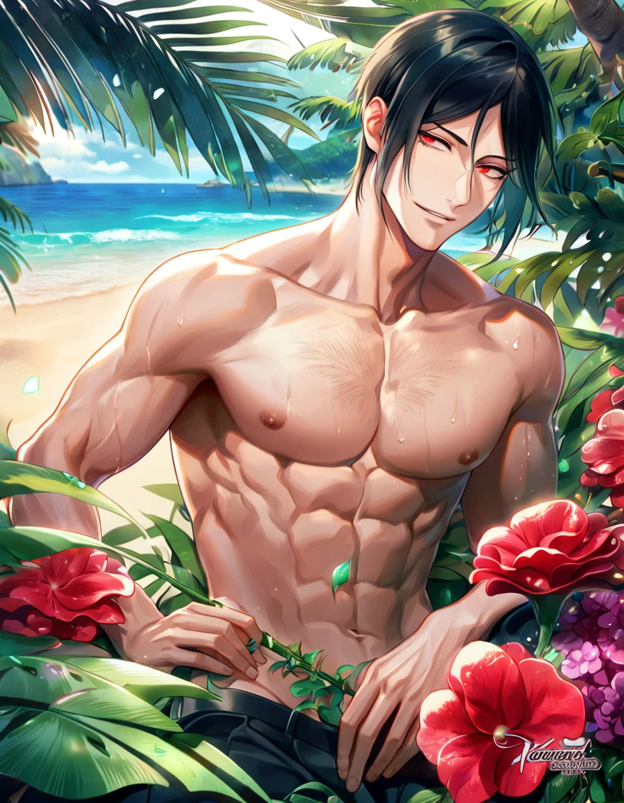 Ultra detailed, HDR, Highres, absurdres, master piece, Sebastian Michaelis, black hair, expressive red eyes, without shirt, bare chest, toned chest, Kuroshitsuji, sexy man, handsome, flowers, fantasy, magical, green leaves, handsome, best quality, sensual, horny, water, beach, solo, manly man, handsome smile