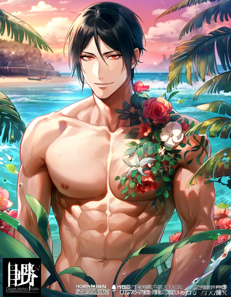 Ultra detailed, HDR, Highres, absurdres, master piece, Sebastian Michaelis, black hair, expressive red eyes, without shirt, bare chest, toned chest, Kuroshitsuji, sexy man, handsome, flowers, fantasy, magical, green leaves, handsome, best quality, sensual, horny, water, beach, solo, manly man, handsome smile