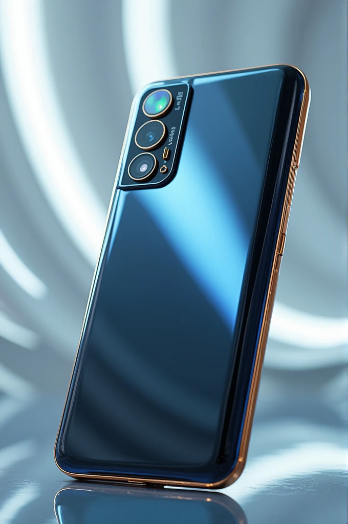 Create an image of a high-end cell phone of the future with 3 cameras, a glass back and gold edges, and a borderless main screen.