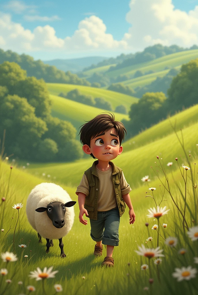 An image of a boy is walking through hills and valleys, calling for Branquinha. he is looking around, trying to find his lost little sheep.