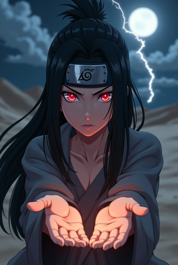 Naruto style, black hair, red eyes, long hair, female, looking at viewer, pensive, moonlight, desert, lightning strike, outstretched hand, sharingan eyes, sand village headband 