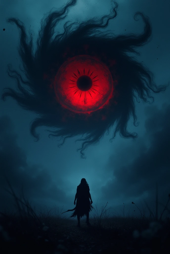 Dark blue sky and in the is eye with red blood, around it black Spirits