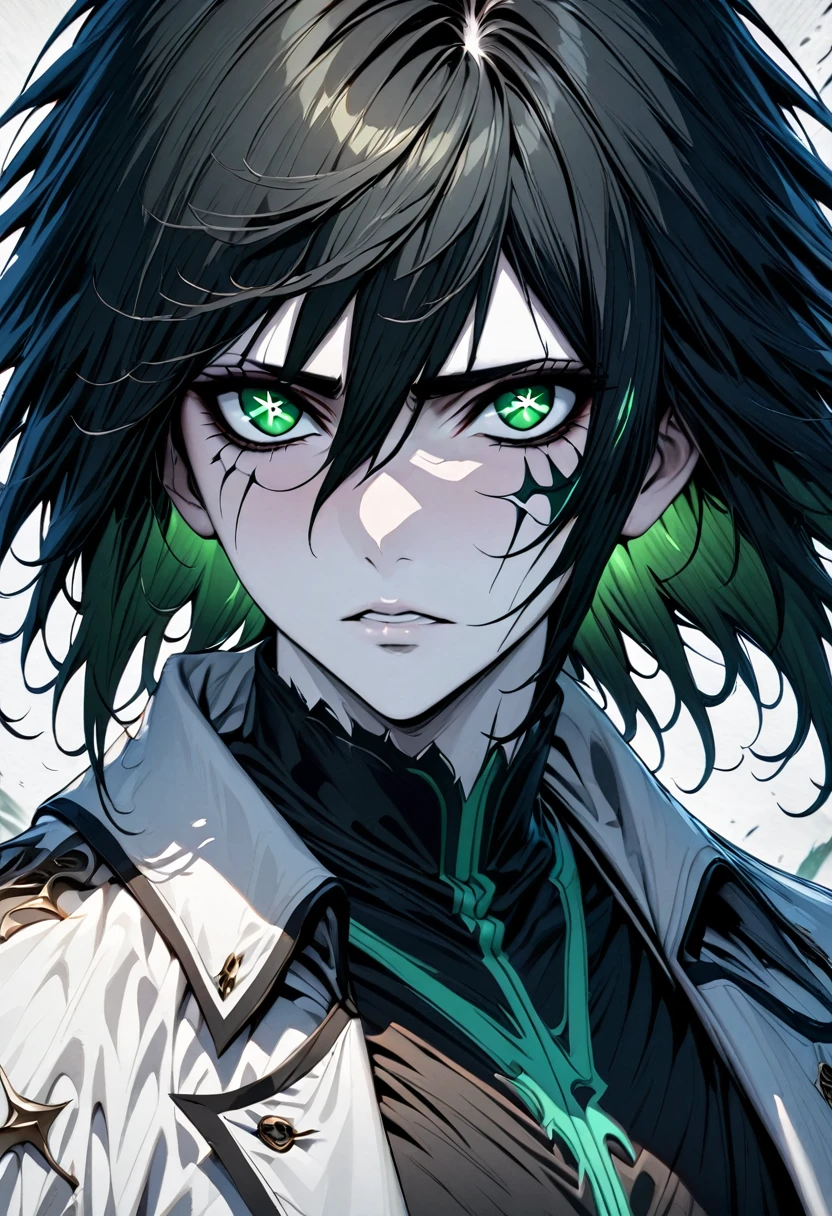 absurdres, highres, ultra detailed, HDR, masterpiece, extremely detailed face and eyes, perfect face, Ulquiorra Cifer, black hair, hair between the eyes, expressive green eyes, pale skin, Bleach, solo, sexy man, handsome, white coat, tight black shirt, patterns