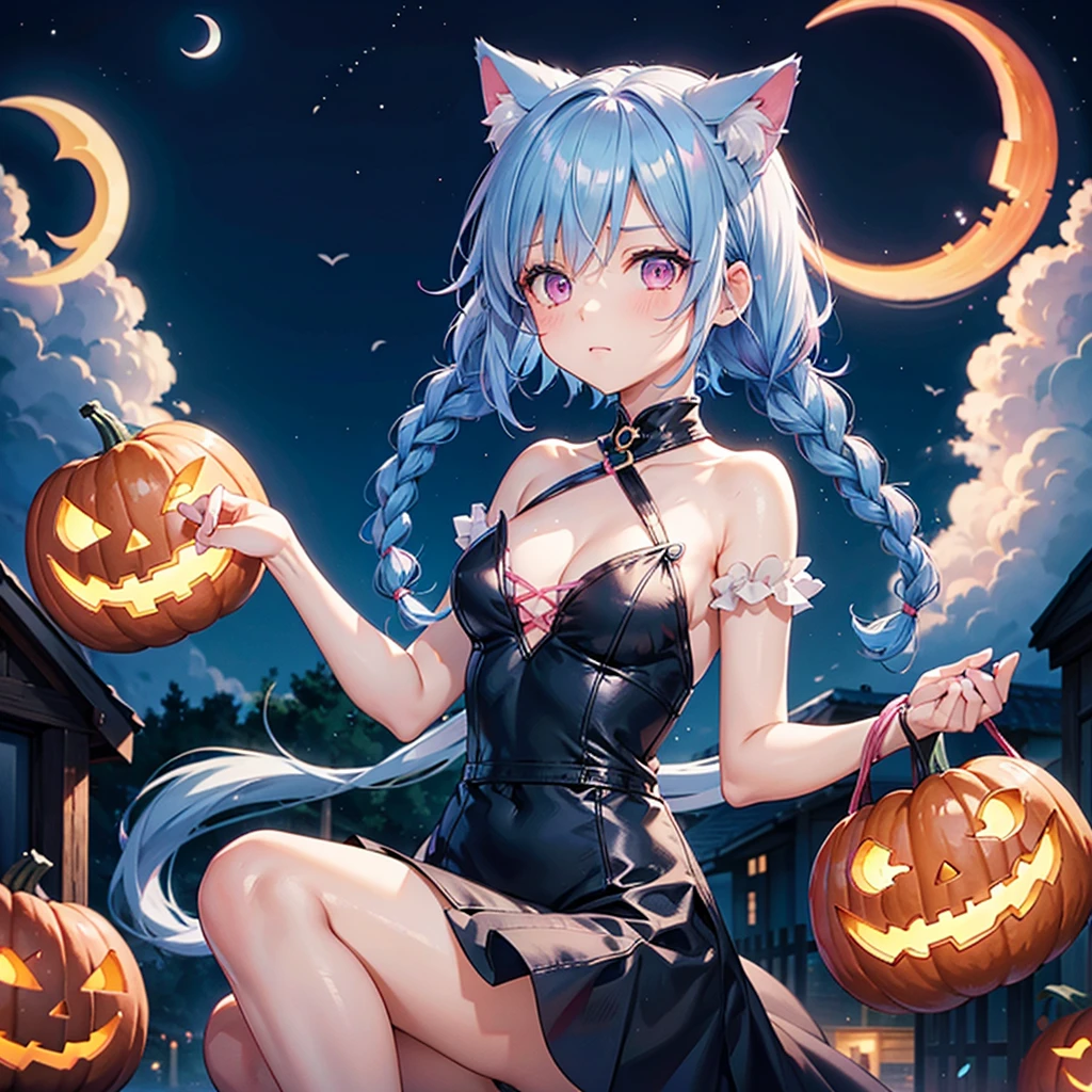 (Sky blue hair),(Braided short hair), (Pink Eyes),Fair skin) ,(whole body),(One Girl),(Crescent Moon),(There are lots of pumpkin ghosts in the background),Cat ear,Cat&#39;s Tail,(Sailor suit),(Ahegao),(Fall into Darkness),If you don't give me sweets, I'll play a prank on you.),Halloween Night Party),(masterpiece, Highest quality, Very detailed, Best Shadow), (Detailed Background), (Beautifully detailed face), High Contrast, (Best lighting, Very delicate and beautiful), ((Cinematic Light)), Hyper Detail,8k, Dramatic Light, Intricate details,night,(Bats flying in the background),Pumpkin handbag,There are sweets in the bag,