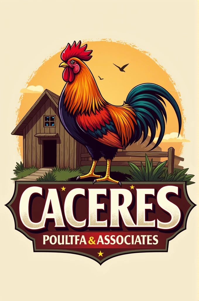 Create a logo in Spanish for a chicken coop and chicken coop that bears the name "Caceres Poultry and Associates"