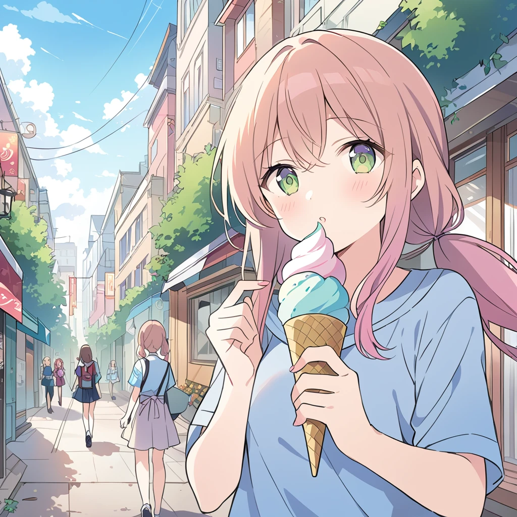 Two girls, one girl with red wavy long hair,brown eyes,other girl with pale purple low-twintail,green eyes, The two of them walk through the city eating ice cream,masterpiece, detailed line drawing, illustration, anime style, official art, 8K