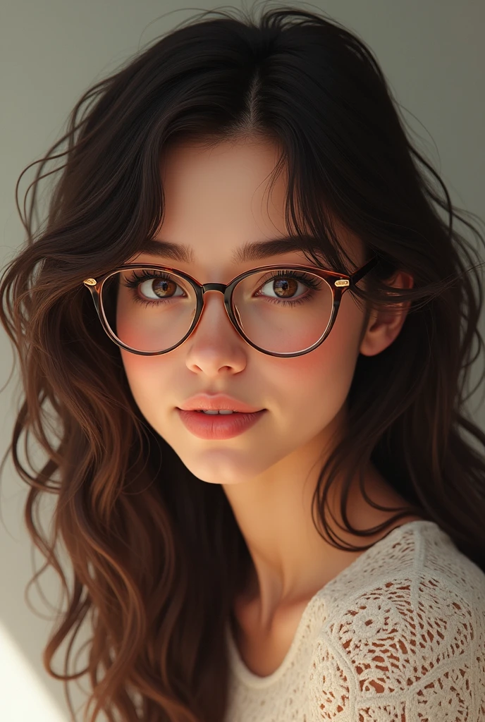 19 year old brunette girl with long curly hair and brown eyes and glasses