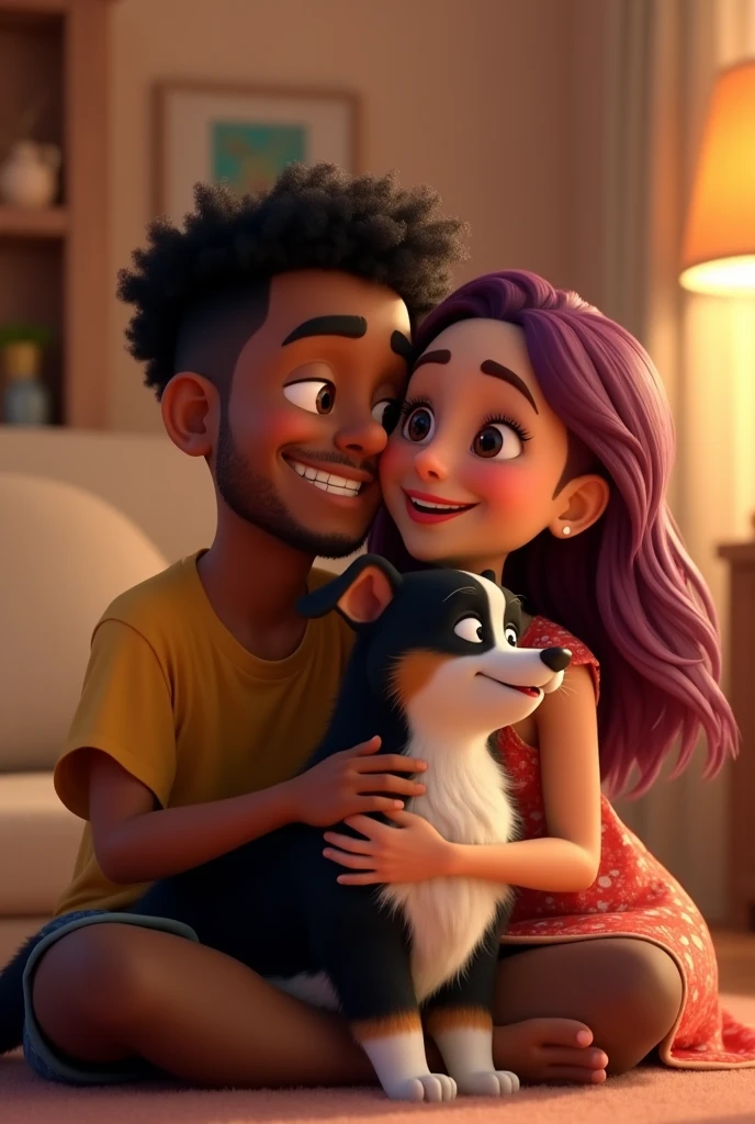 Disney Pixar-type animation of a young Colombian man with dark skin, cheek, body, Very short curly black hair with a fade cut, thin nose, thin eyebrows and short beard. hugging a young woman with long violet red hair, white skin and a border collie dog with the whole body black