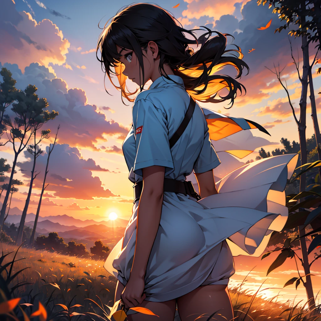 a girl looking at the sun introspectively, looking at a sunset, in an open field, with leaves flying around, with the look of someone lost in life, afraid of the future, rear view