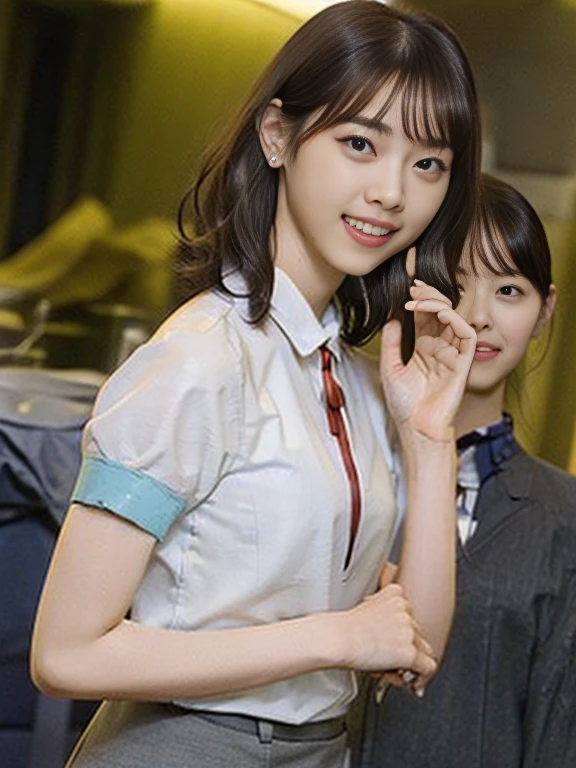 (Masterpiece, Best quality:1.2), (Ultra realistic, Photo-realistic:1.2), From above, kneeling, looking up, Natural light, 25 years old actress, Japanese women, Neat and clean, (cabincrew uniform:1.2), unbutton, (Short wavy hair:1.2), Light brown hair color, (Beautiful Face), Oval face, clear, (Beautiful eyes, Kind eyes), (Clear skin), Small face, (Small mouth, Beautiful mouth), Natural makeup, Approachable, Luxury hotel Suite room, On bed, Seductive smile, (Seductive pose:1.2), Beautiful thighs, Bedroom eyes,