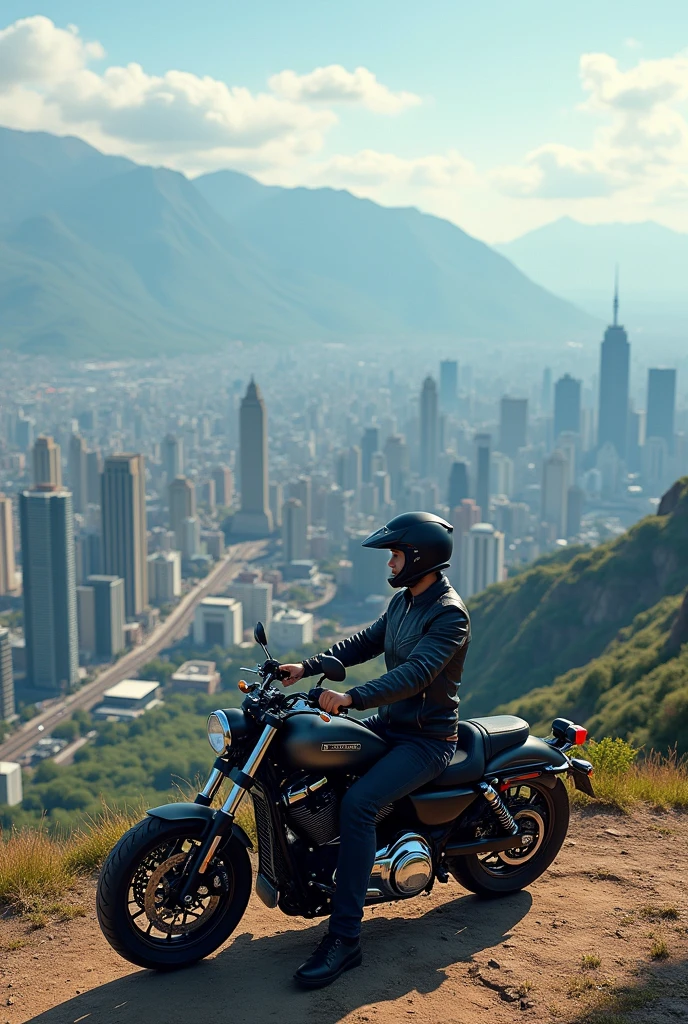 A man on a motorcycle at a viewing point seeing the beauty of a city