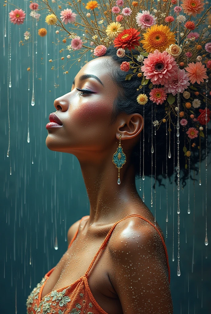 I am the rain that sees the most beautiful woman and touches her all over her body of different races giving her hope and faith and using only pastel colors , The message I want to give is that there is hope, we just have to look for it., very royal style, detailed 24k unique piece uses the triangles of composition details of his whole body details in his hands illumination of hope and nostalgia climate of colors of humility