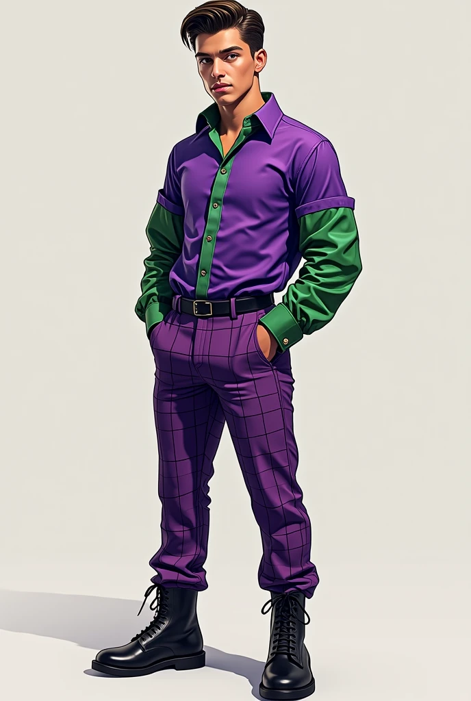 Draw a man in a purple shirt with a green collar and sleeves that has a double cufflink., and the young man, with purple plaid pants and black shoes