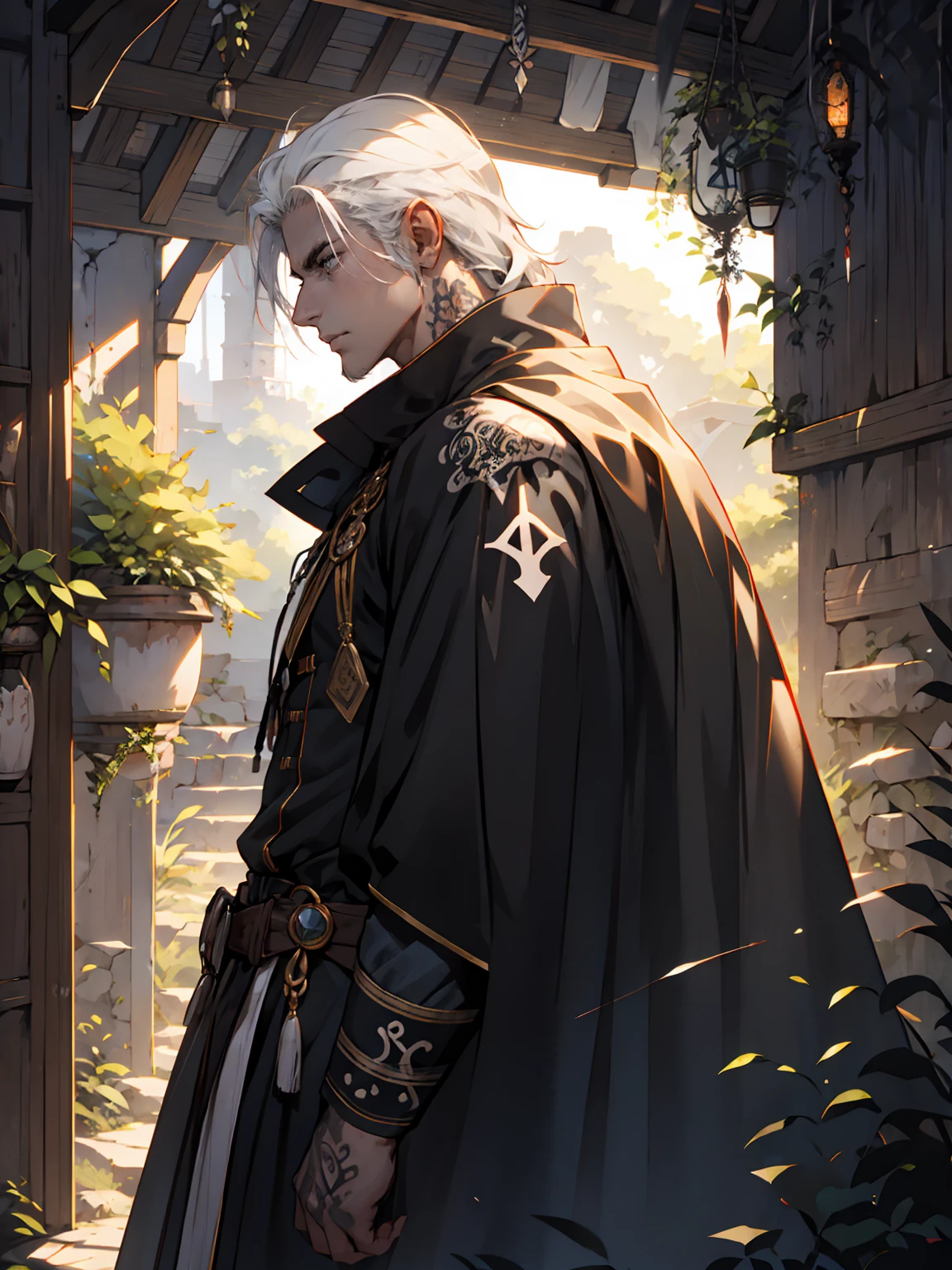 Handsome, tall, male, young, shoulder length hair, hair pushed back, white hair, strong jawline, grey eyes, no facial hair, black tunic, runes, runic tattoos, fur lined cape, black cape
