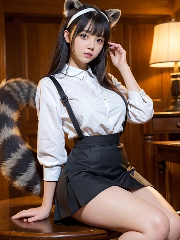 ((Highest quality, 8k)), ((masterpiece)), (Highest Resolution), Perfect Face, Raccoon-eared woman, Female college student, Beautiful woman, public, One tail, she has thick thighs, Big raccoon tail, She has a brown raccoon tail., She sticks out her tail, Embarrassed face, Fur collar, She is wearing a short skirt, Beautiful Hips , Big Breasts, The skirt is rolled up with a big tail