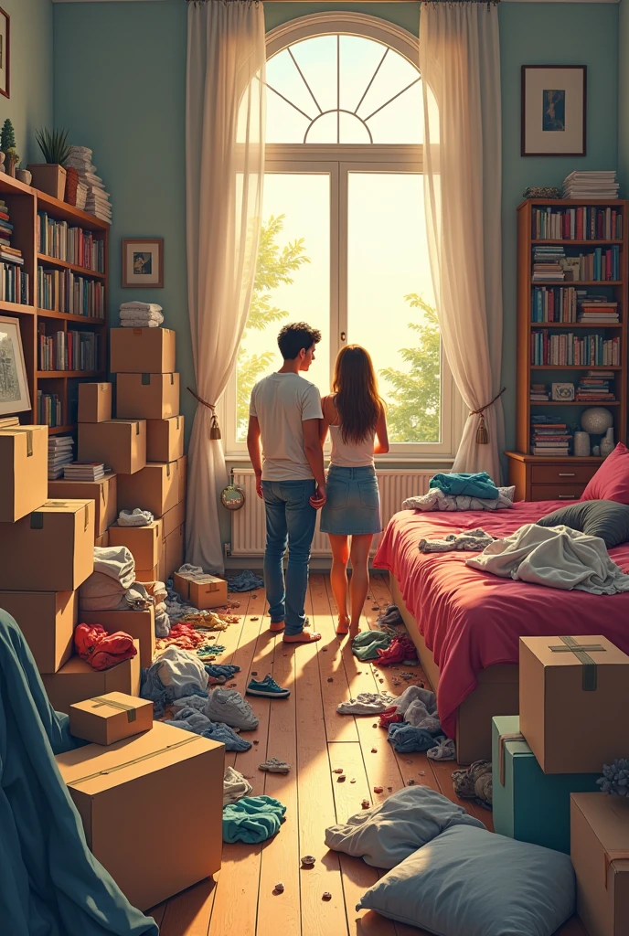 Bedroom of a couple, where there is a lot of clutter and boxes to pack things