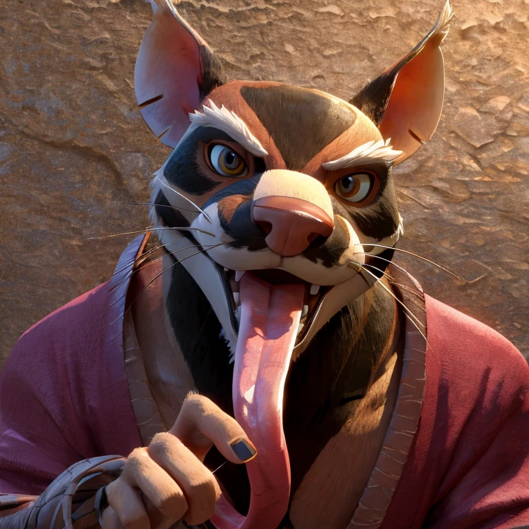 Splinter (Teenage Mutant Ninja Turtles 2012), Nickelodeon Animation, 3D, Looking at viewer, Open Mouth, Tongue Out, Long Tongue, Wide-Eyed, Rat Ears, Anatomically Correct, Seductive Smile, Massaging Tongue with Fingers, Saliva Trail, Raised Eyebrow, Oral Invitation, Simple background, Character Design, Illustration, High Resolution, Super Detailed, Textured Skin, Eye Level Shot, Single Shot, Medium Close Up