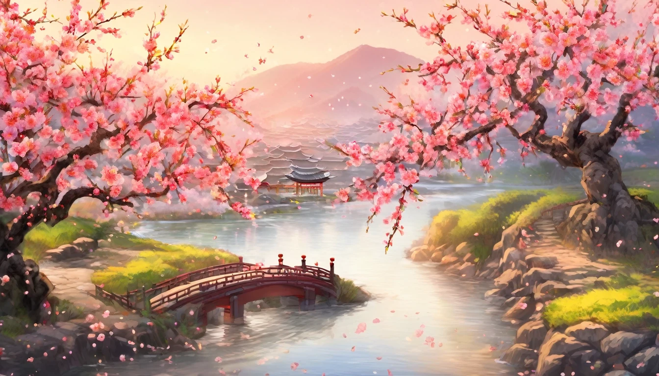 Peach tree by the river, Chinese, Peach blossoms are scattered in the middle of the screen, Vision ((background:1.8))
