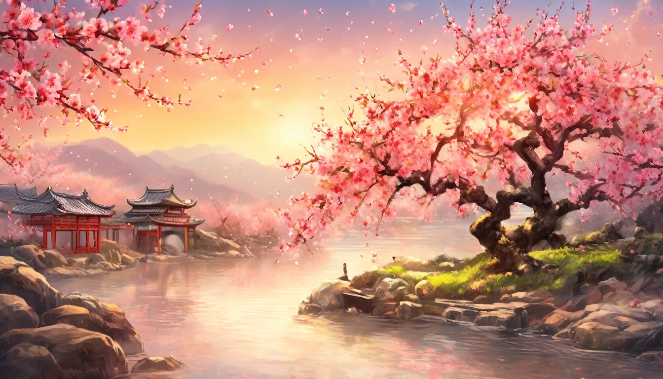 Peach tree by the river, Chinese, Peach blossoms are scattered in the middle of the screen, Vision ((background:1.8))
