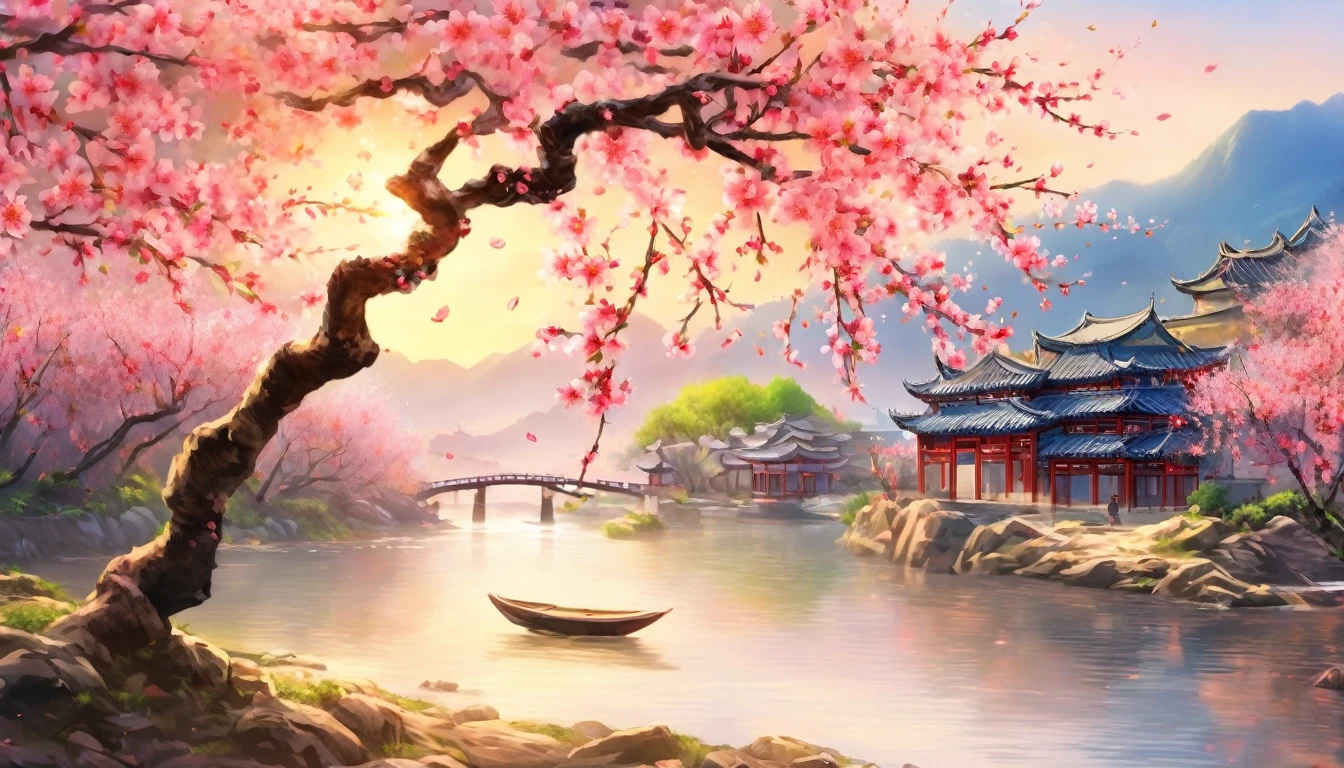 Peach tree by the river, Chinese, Peach blossoms are scattered in the middle of the screen, Vision ((background:1.8))