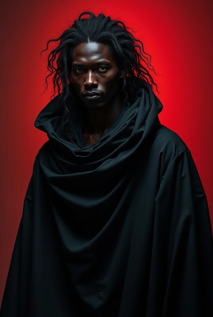 (photorealism:1.2)
An anachronistic man drenched in a black cloak. The male’s melanin skin. His eyes are metallic and his hair is extremely long and unkempt. He has a hood over his head. The background is red and dark red.