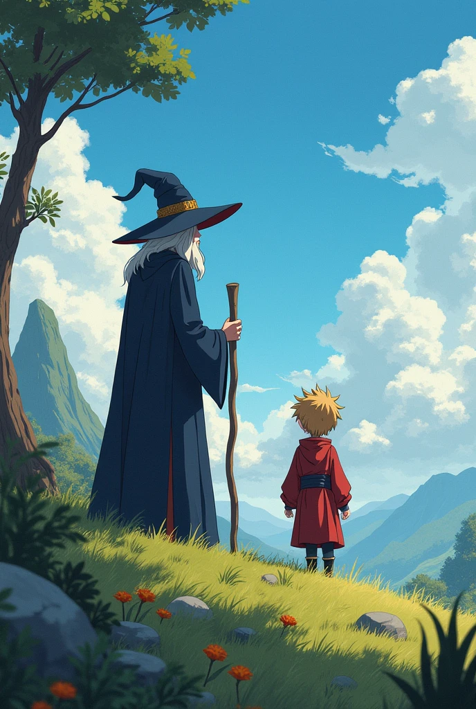 I wanted you to make a wizard and a child demihuman in an isekai anime in a landscape
