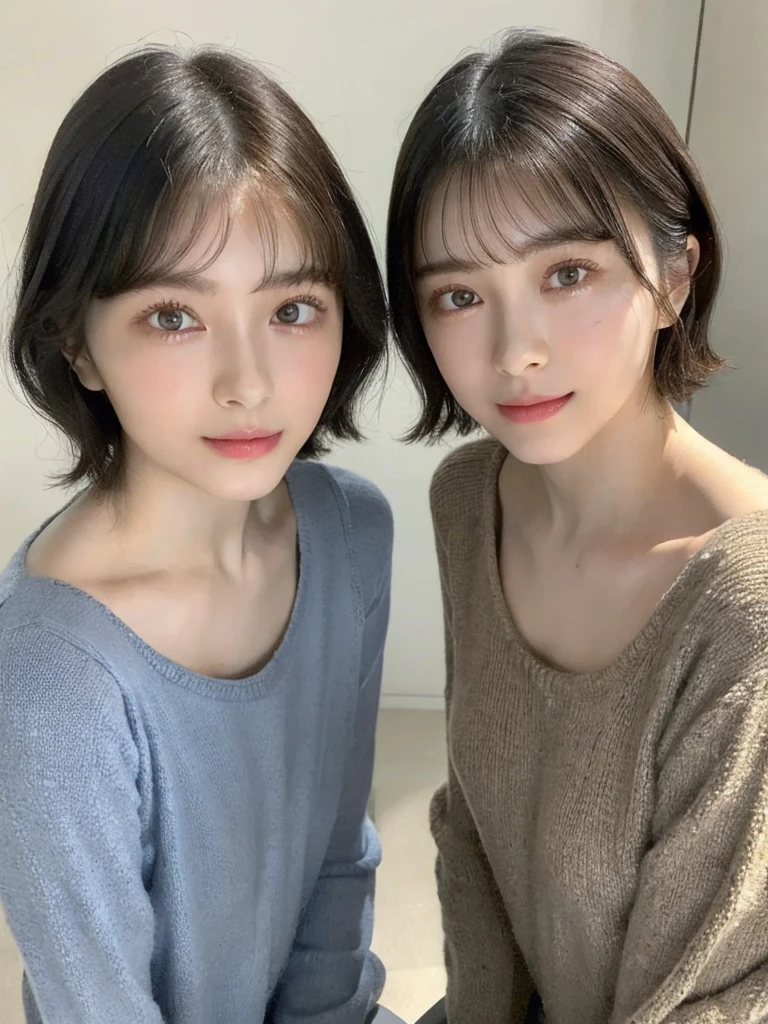 (masterpiece:1.3), (8k, Photoreal, Raw photo, best image quality: 1.4), Japanese high school girl、(random hairstyle:1.2)、cleavage:1.5、super detail face、eye for details、double eyelid、chest to chest、sharp focus:1.2、Beautiful woman:1.4、light brown hair、highest quality、masterpiece、超A high resolution、(Photoreal:1.4)、Highly detailed and professionally lit smiles、loose and light knitwear、shoulder out、thin、serious expression、short haired、deadly position
similar identical twins
All the girls have the exact same face, The two have the same face and figure, as if they were mirror images.