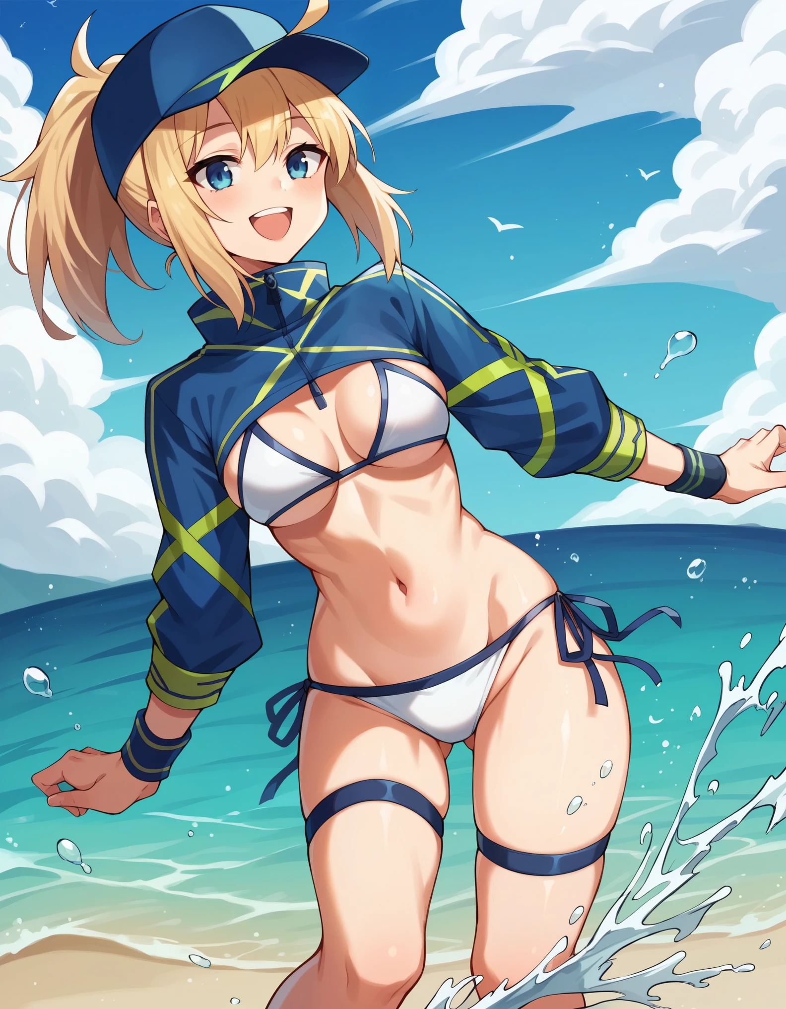 masterpiece,(ultra-detailed),1girl, mysterious heroine xx \(fate\), half_eyes,smile,open mouth, swimsuit, white bikini, side-tie bikini bottom, shrug \(clothing\), jacket,  thigh strap, wristband,  large_boobs, ocean_landscape, splashing,blonde_ponytail,open_legs,cap,happiness,,dynamic_standing,