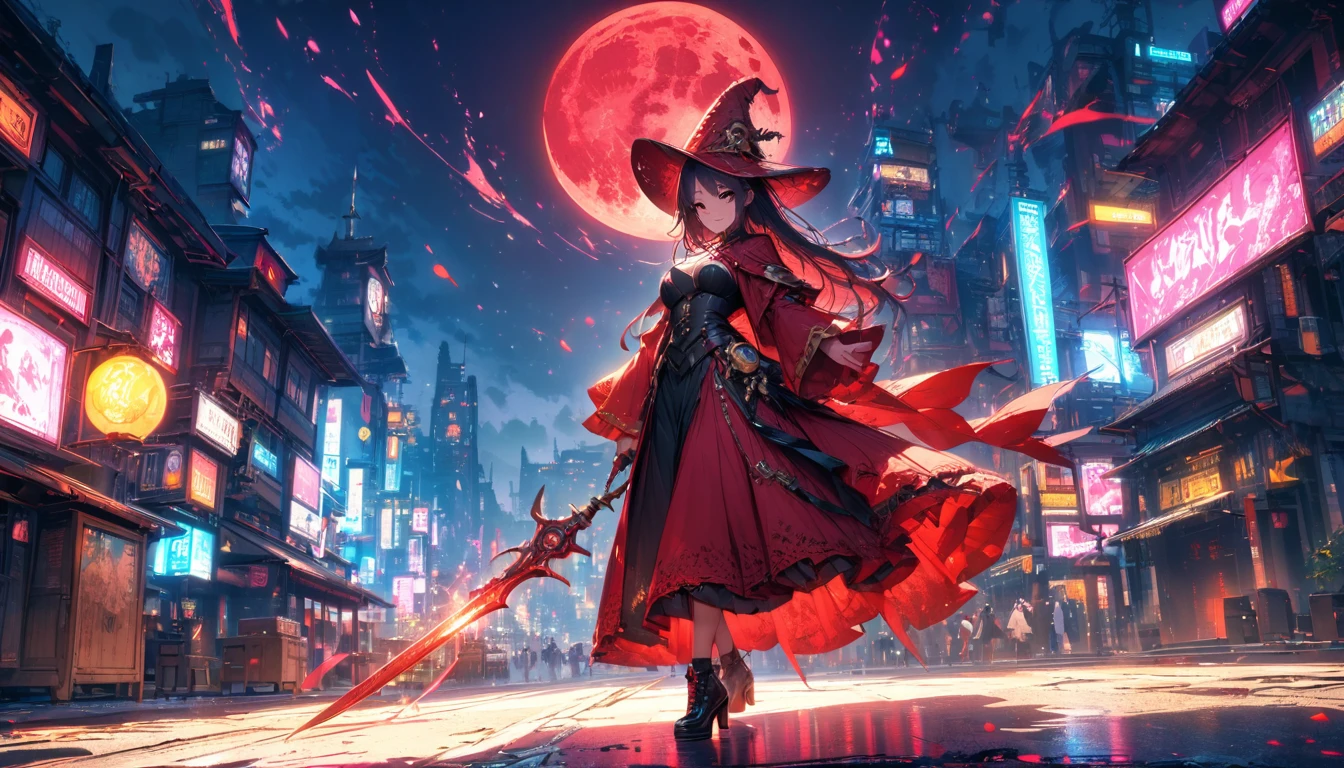 Red Necromancer, Blood Moon, Light线追踪, masterpiece, best quality, Ultra-high quality, Ridiculous details, best Light, Best shadow, sharp, sharp image, detailed, extremely detailed, high resolution, 8K, 4K, Ultra HD, Particle Effects, Beautiful Effects, Bright colors, neon Light, neon, Light,
