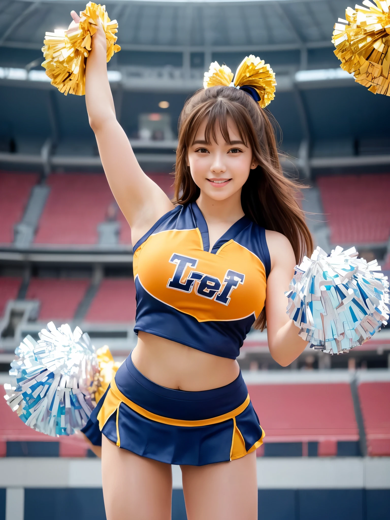 masterpiece,Highest quality,Very detailed,High resolution,(Realistic,photoRealistic:1.37),Excellent anatomy,One beautiful woman,18-year-old,height:152 cm,orange cheerleader,(Holding big pom-poms in both hands:1.5),Big smile,cheer leading,Cheerleader uniform,(shape),Micro Pleated Mini Skirt,No underwear,((Very delicate and beautiful)),((Stadium Background:1.2)),Brown Hair,Long Hair,bangs,Very beautiful face,Cute type,Big Natural Color Lip,Small and cute nose,Big and pretty eyes,Brown eyes,Obvious double,Shiny highlight spots around the eyes,Character Focus,Tilt your head,The best light,Best Shadow,mysterious,Perfect Face,Very detailed,Soft Skin,(Glowing Skin,Sweaty:1.3),Beautiful legs,Voluptuous thighs,Plump body,Huge breasts,(Expresses the roundness and softness of the chest area..........1),Beautiful body,(Perfect Woman),Lift your legs,Skirt flip,Bold sexy pose,((cheer dance pose:1.5))