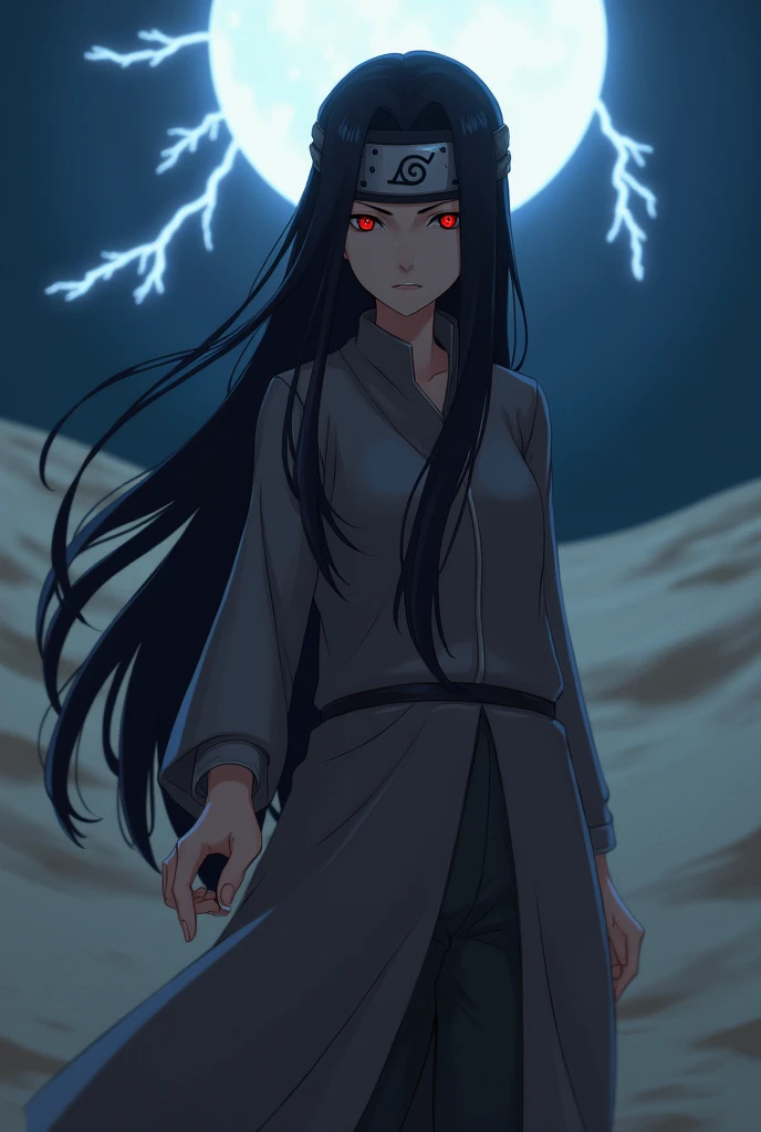Naruto style, black hair, red eyes, long hair, female, looking at viewer, pensive, moonlight, desert, lightning strike, outstretched hand, sharingan eyes, sand headband