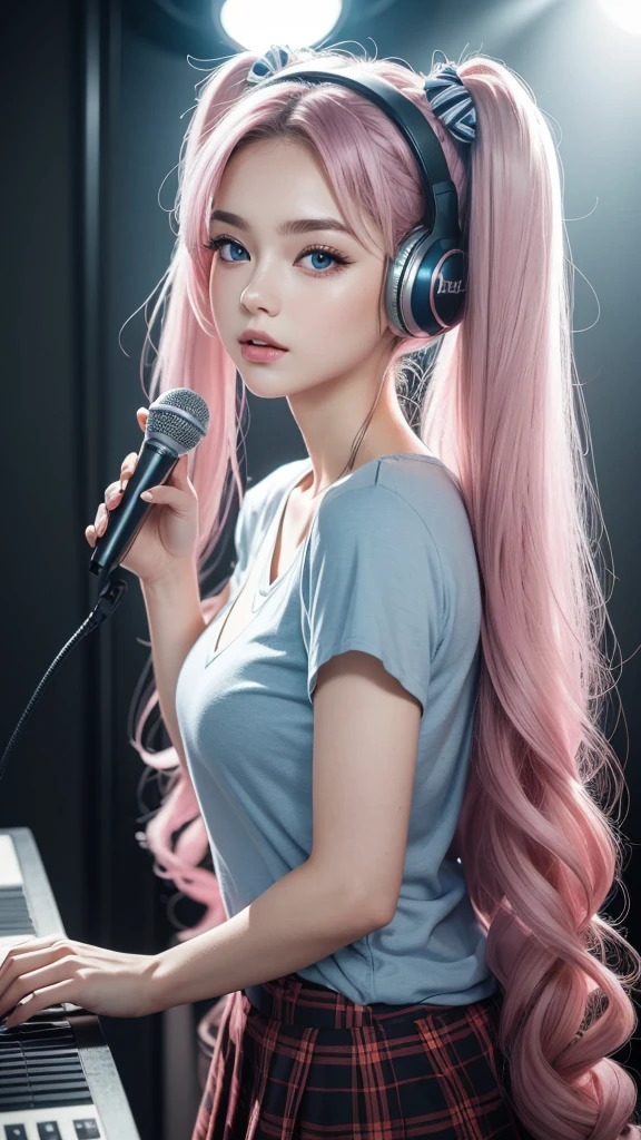 (A beautiful girl wearing a blue T-shirt and a red checked mini skirt is seen in a recording studio, wearing headphones and singing loudly into a microphone. Her image is posted on social media.) (The beautiful girl is , 18% Japanese, 26% French, 56% Ukrainian, 178 cm tall, has a small bust but a good figure and a beautiful, well-balanced figure.) (Her hair is very long and pink ash gray, tied in twin tails with black ribbons, and curls in a spiral toward the ends.) (Her eyebrows are the same color as her hair, thin, slightly thick, and short, and her eyelashes are long.) (Her big blue eyes reflect the light of the lighting and are amazingly beautiful like pearls.) (Her nose bridge is high like an English person, her lips are plump and shaped so that you want to kiss them, her skin is translucent white, and the balance between her head and face is traditionally Japanese.) Aesthetics. The number of fingers is also noteworthy, but not too many or too few, and they are very delicately expressed down to the tips of her nails. (Single, Masterpiece, Super detailed, Top quality, Artistic composition, Ultra accurate, Realistic, Photorealistic, High resolution, Dynamic lighting effects, Consider the proportions of the whole composition, Ultra realistic). Try to emphasize the facial expression and appearance. Do your best to meet all these criteria.