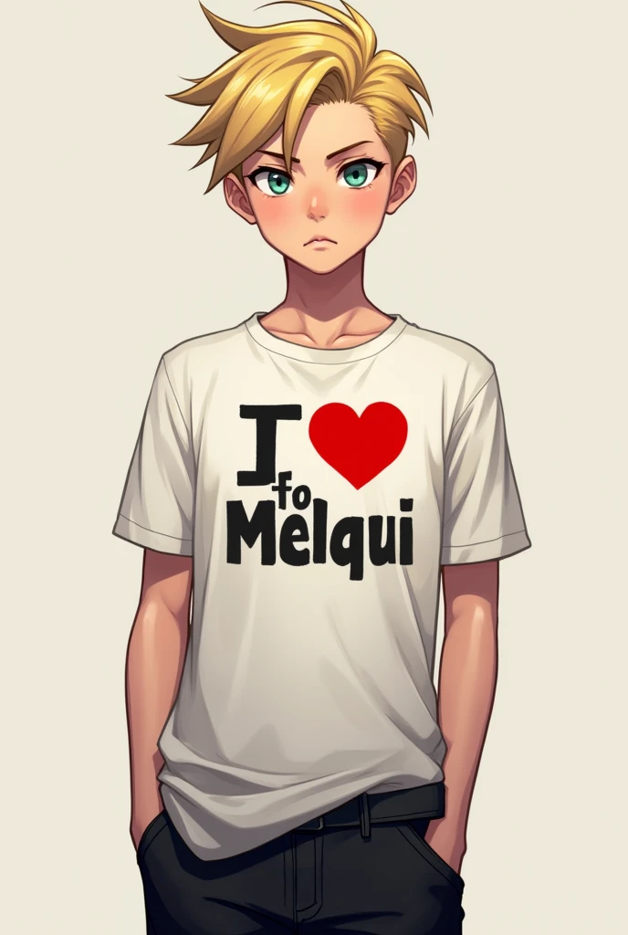 male character, con cabello rubio hacia arriba
con una camisa que diga “i ❤️ to melqui” y con unos pantalones negros y que la cara sea seria
y que sea un niño