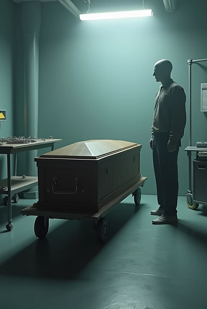 A gray silhouette of one meter and sixty standing on the right side of a round coffin of 2 meters long, brown color, uncovered with the lid on the ground, which is on a metal car with wheels smaller than the coffin., in a lab , On the left side of the silhouette a metal table with surgical elements