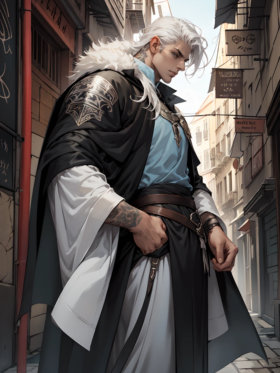 Handsome, tall, male, young, shoulder length hair, hair pushed back, white hair, strong jawline, grey eyes, no facial hair, black tunic, runes, runic tattoos, fur lined cape, black cape medieval city,
