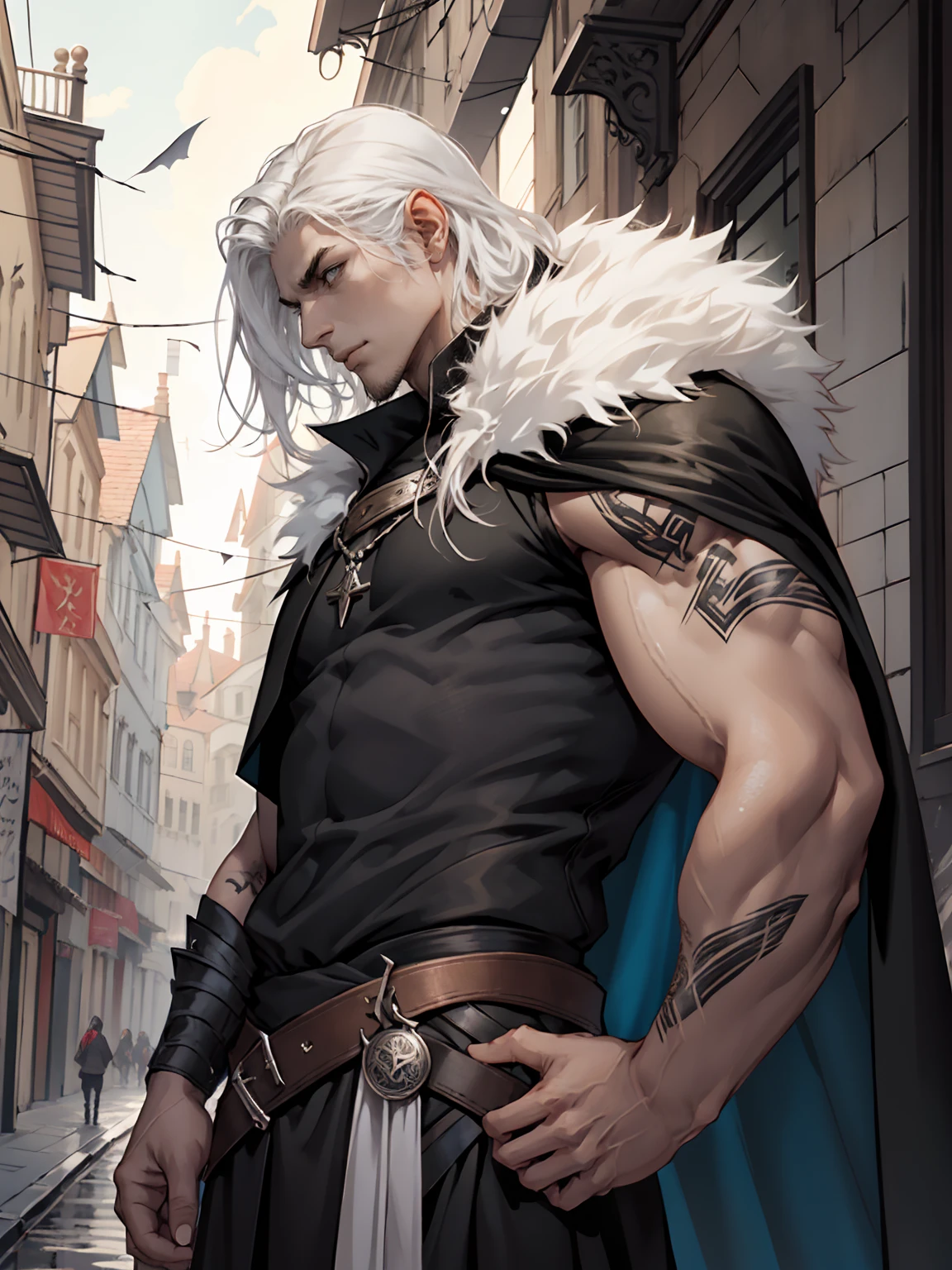 Handsome, tall, male, young, shoulder length hair, hair pushed back, white hair, strong jawline, grey eyes, no facial hair, black tunic, runes, runic tattoos, fur lined cape, black cape medieval city,
