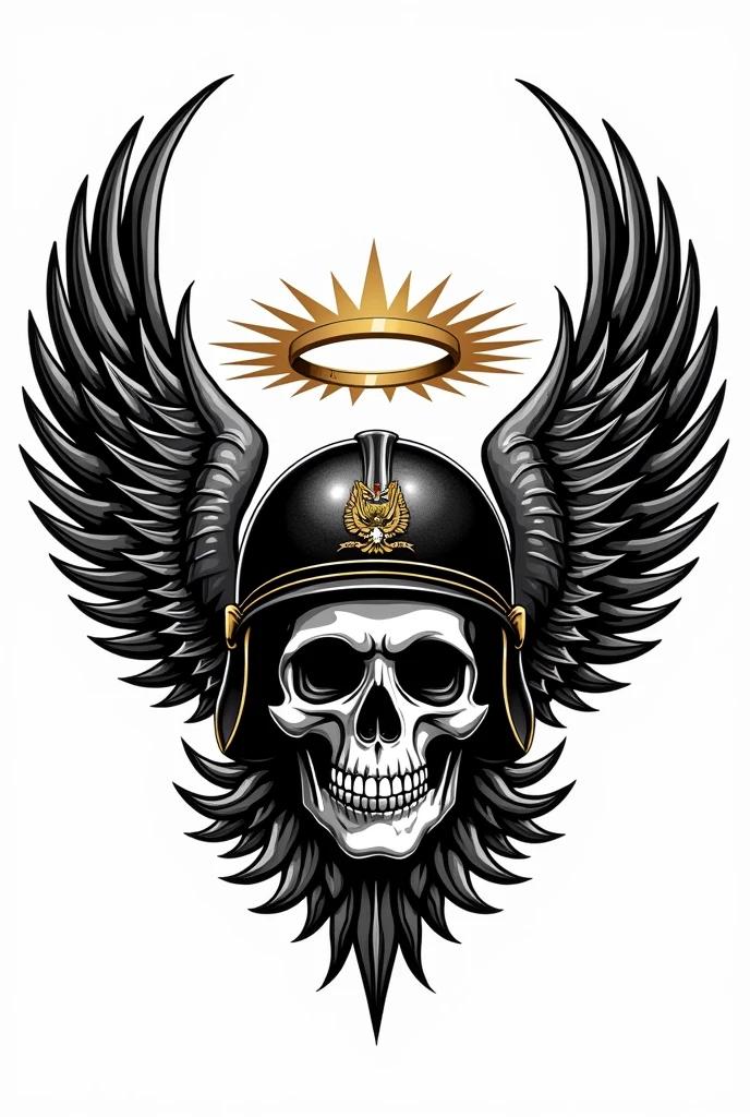 a skull with wings and a helmet on a white background, insignias militaryes, military designy, patch design en el hombro, con un emblem de águila, military, very detailed illustration”, insignia, Skull design for a rock band, bg white, emblem, the angel of death with a halo, very detailed illustration, patch design, skull image on vest, Very detailed black and white with the colors of Venezuela