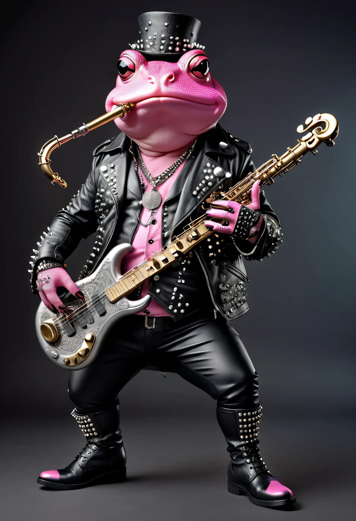 photorealistic portrait of Dressed animals - a ((fat) pink toad punk-rocker, (full body image:1.5), break,(holding a saxophone:1.5), Wearing a tailored black leather jacket featuring intricate silver stud patterns reminiscent of sacred symbols, leather boots, adorned in a modern punk-rock ensemble,, detailed and opulent description of modern punk-rock style, stage lighting, intricate ornate accessories, stage background