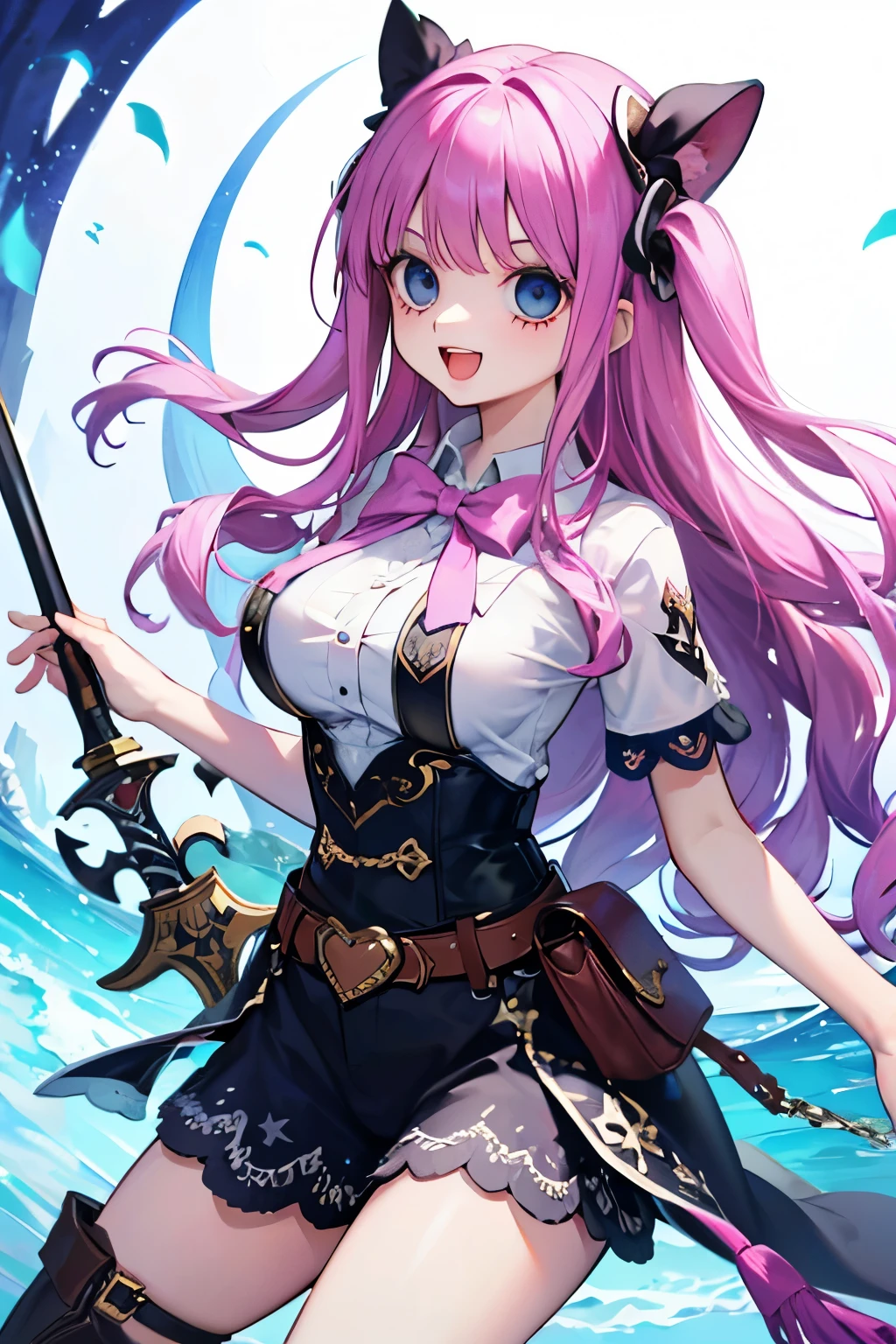 (fantasy World:1.25),((cute,kawaii)),(A big smile with an open mouth),(White hair),(LightBlue eyes:1.25),(short sleeve swordsman costume:1.2),role-playing